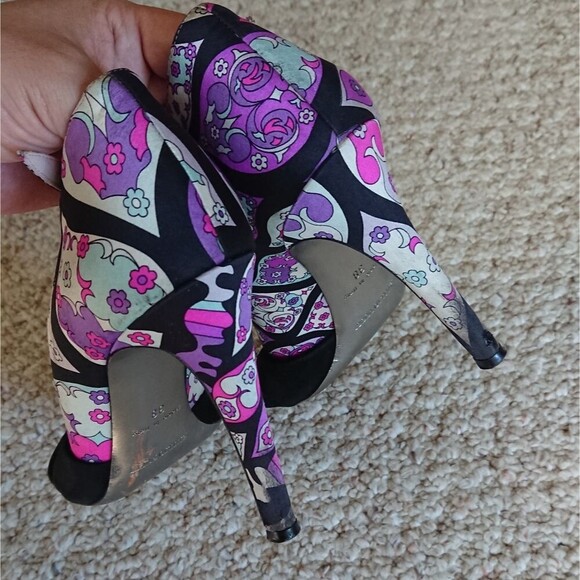 Emilio PUCCI purple floral Suede & silk open toe Stiletto Heels size 37.5 - Picture 11 of 14